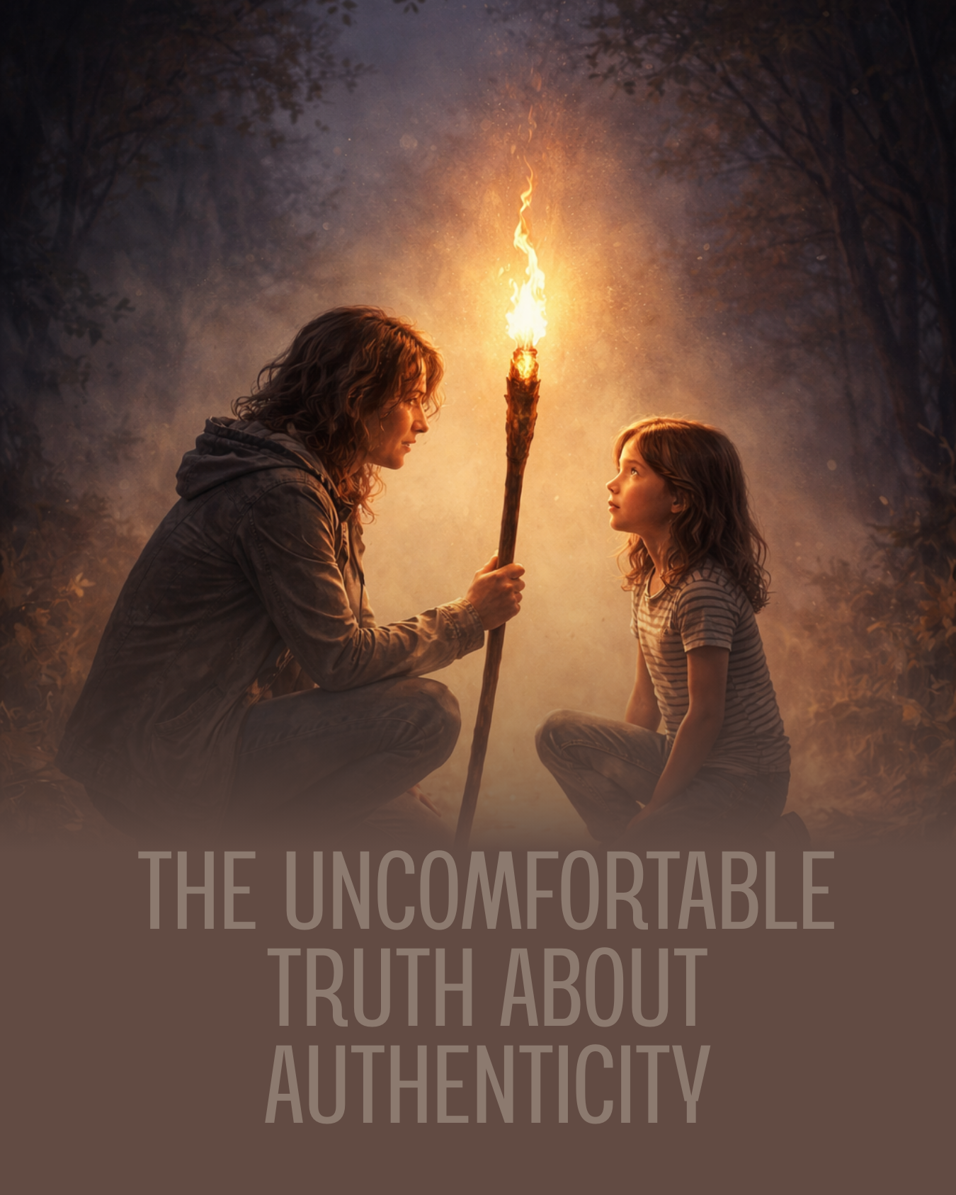 An adult and a young child kneel facing each other in a misty forest at twilight, lit by a flaming torch held between them. Large text at the bottom reads, “THE UNCOMFORTABLE TRUTH ABOUT AUTHENTICITY.”