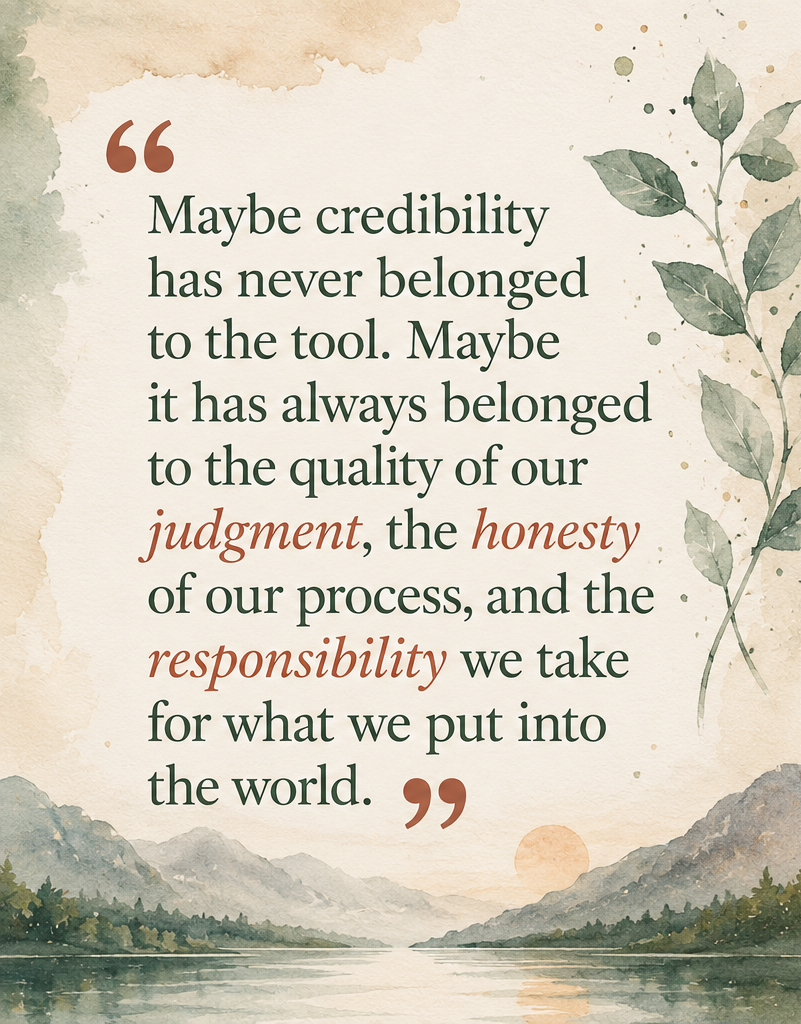 Decorative watercolor illustration accompanying a pull quote about judgment, integrity, and responsibility in AI-assisted writing.