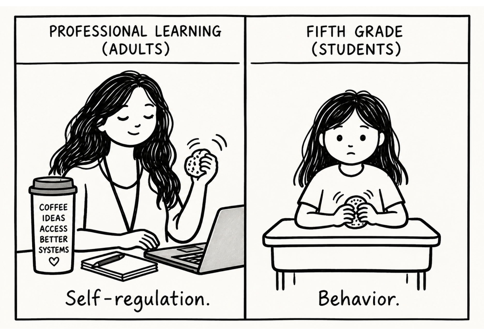 Comic comparing an adult using a fidget during professional learning with a student using a fidget in class.