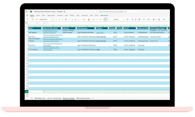 Screenshot of an OER planning and research tracker spreadsheet displayed on a laptop screen.