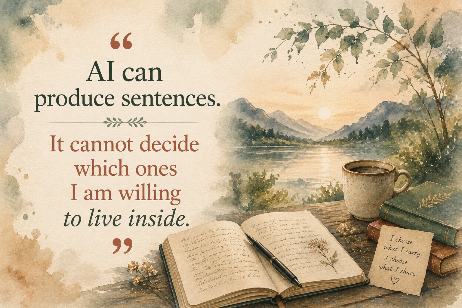 Decorative watercolor illustration accompanying a pull quote about authorship, human judgment, and choosing what we stand behind.
