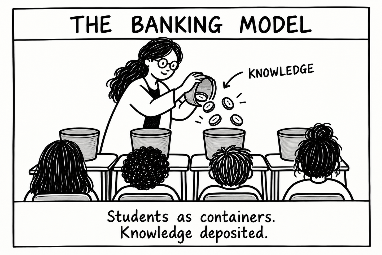 Comic of a teacher placing coins labeled "knowledge" into containers as students sit in rows.