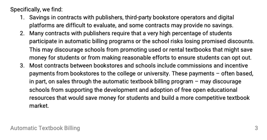 Screenshot of report text summarizing findings about unclear savings, participation requirements, and incentives.