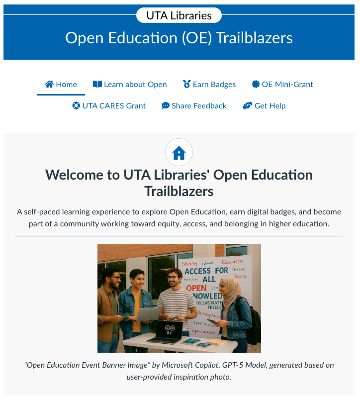 Screenshot of the UTA Libraries Open Education Trailblazers Canvas homepage, showing course navigation, a welcome message, and a banner image about open education, access, and knowledge sharing.