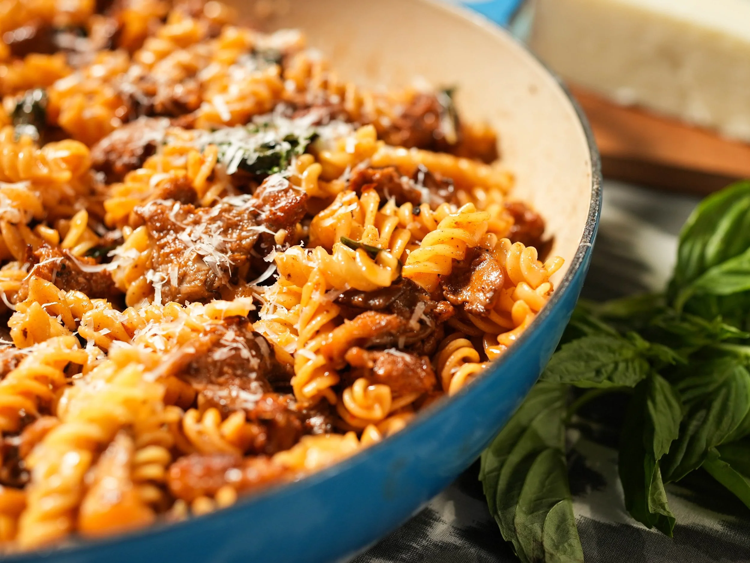 Spicy Pasta and Cheese with Italian Sausage and Mushrooms
