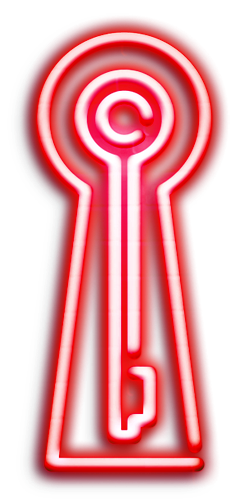 Neon sign in the shape of a keyhole with a key inside, glowing red and white.