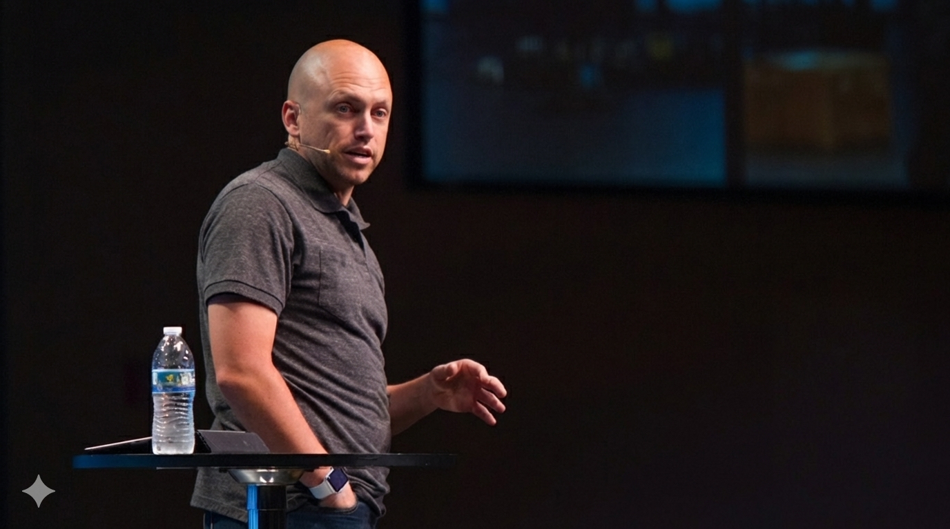 John Harney keynote speaker on stage talking to audience about leadership and management.jpg