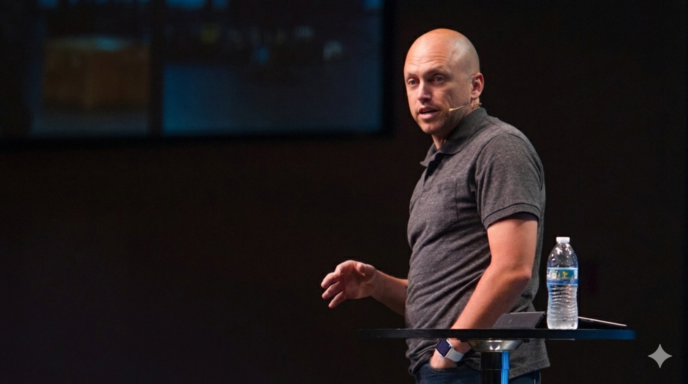 John Harney in a gray polo shirt speaking at a conference, standing next to a table with a water bottle.