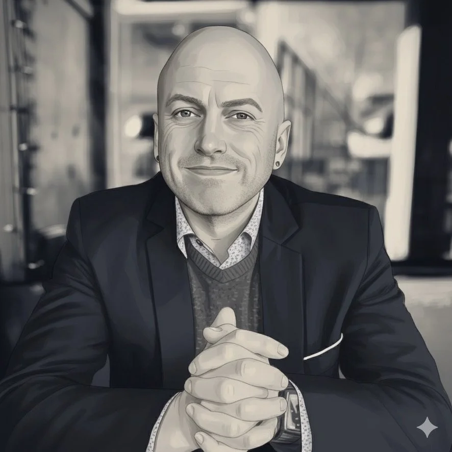Stylized photo of John Harney sitting at a table with hands clasped in front of him.