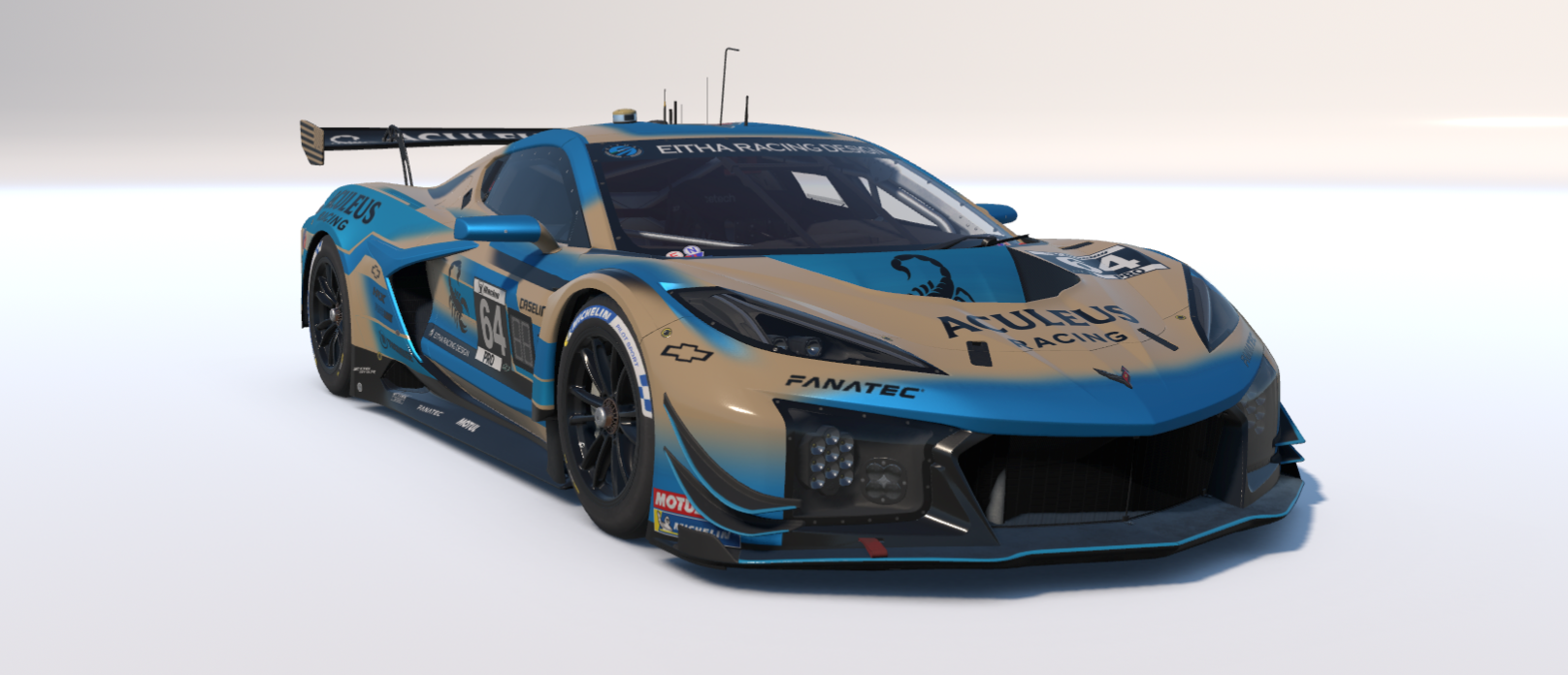 A race car with a blue and beige livery, featuring sponsor logos such as Chevrolet, Michelin, and Fanatec, positioned on a plain white background.