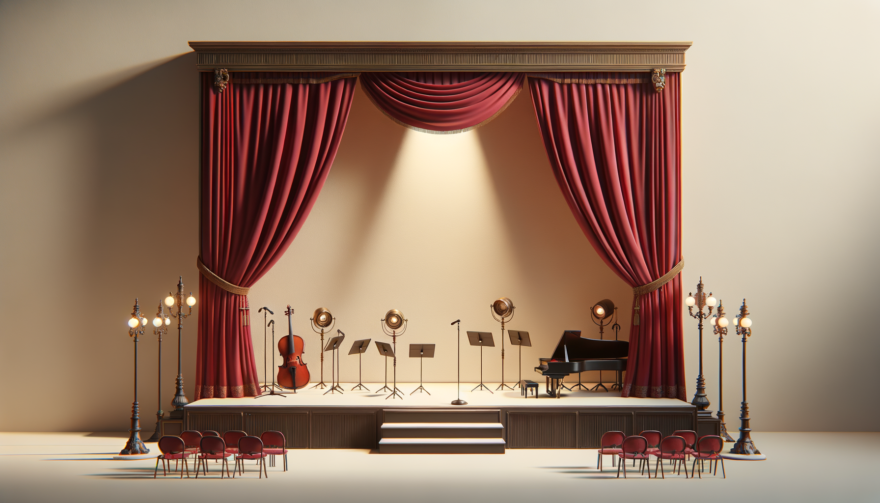 Empty vintage theater stage with red velvet curtains, stage lights, chairs, a piano, a cello, music stands, and vintage street lamps.