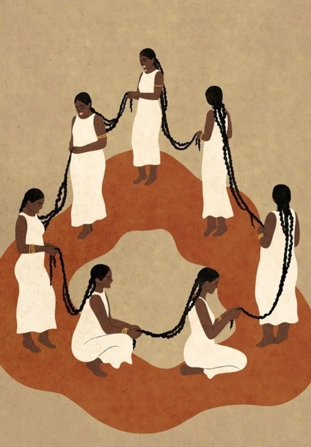 Illustration of seven women with long braided hair, dressed in white dresses and gold bracelets, sitting or standing in a circle and holding each other's braided hair.