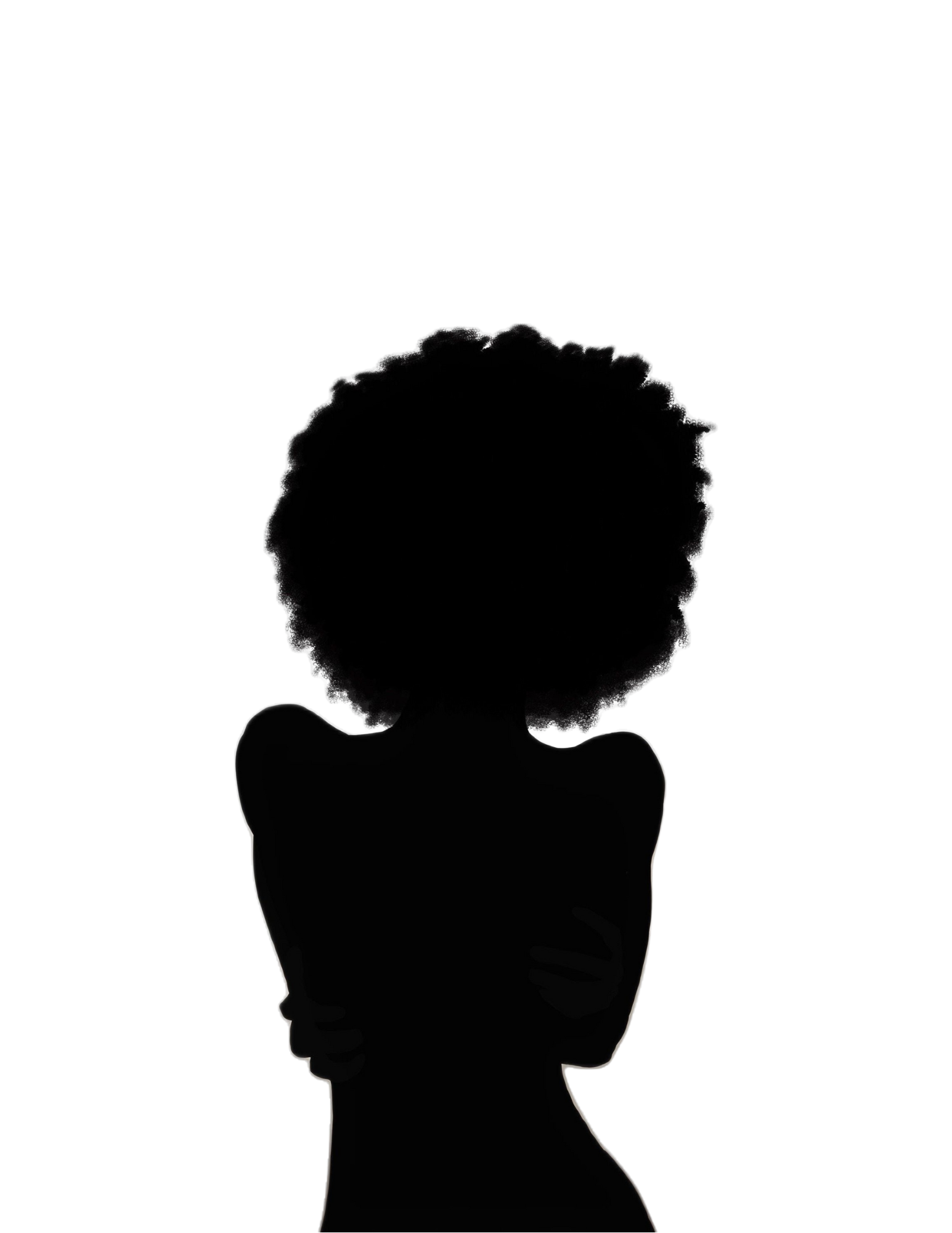 Silhouette of a woman with curly hair standing with crossed arms in front of a window.