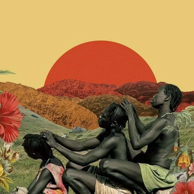 A digital collage showing a sun setting over mountains in the background, with three people in the foreground. Two children are getting their hair combed by two teenagers or adults, surrounded by colorful flowers in the foreground.