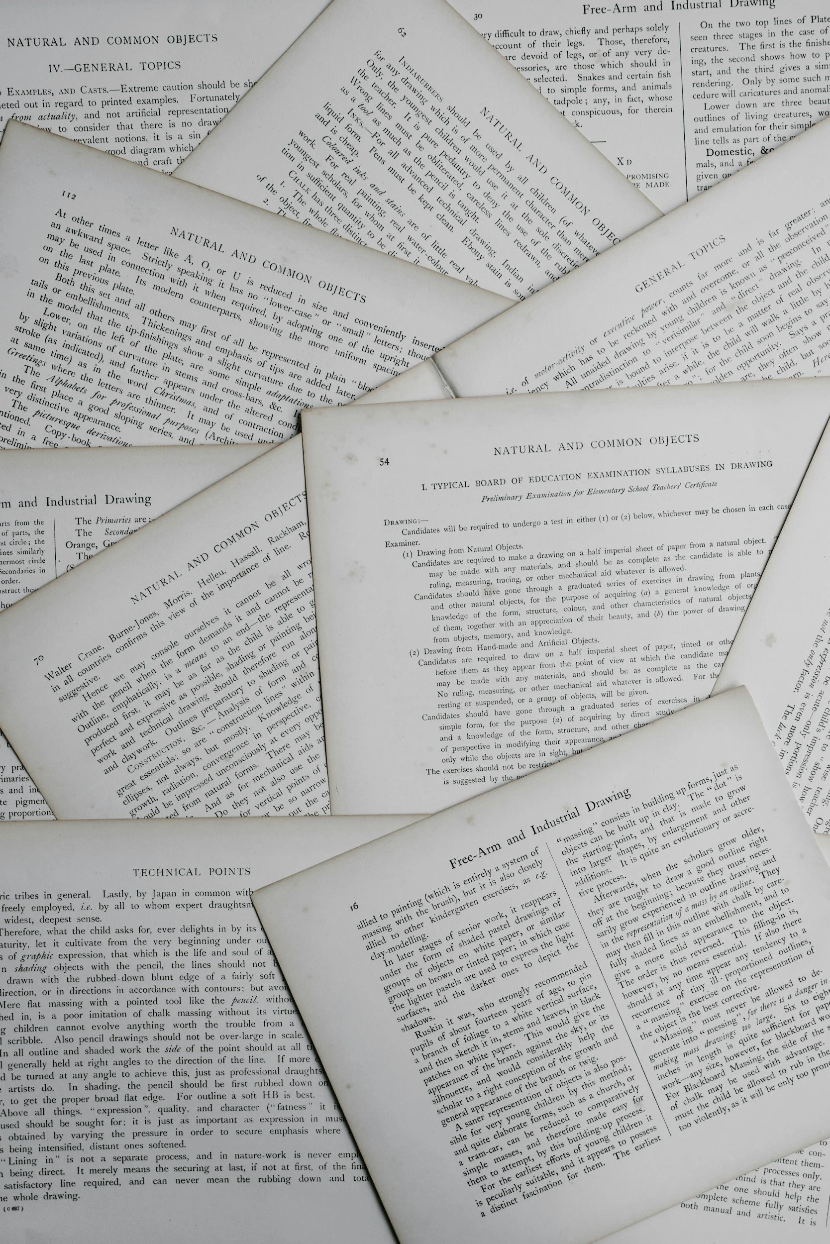 A close-up view of several overlapping pages from a technical or educational book, focusing on topics like natural and common objects, drawing, and industrial design.