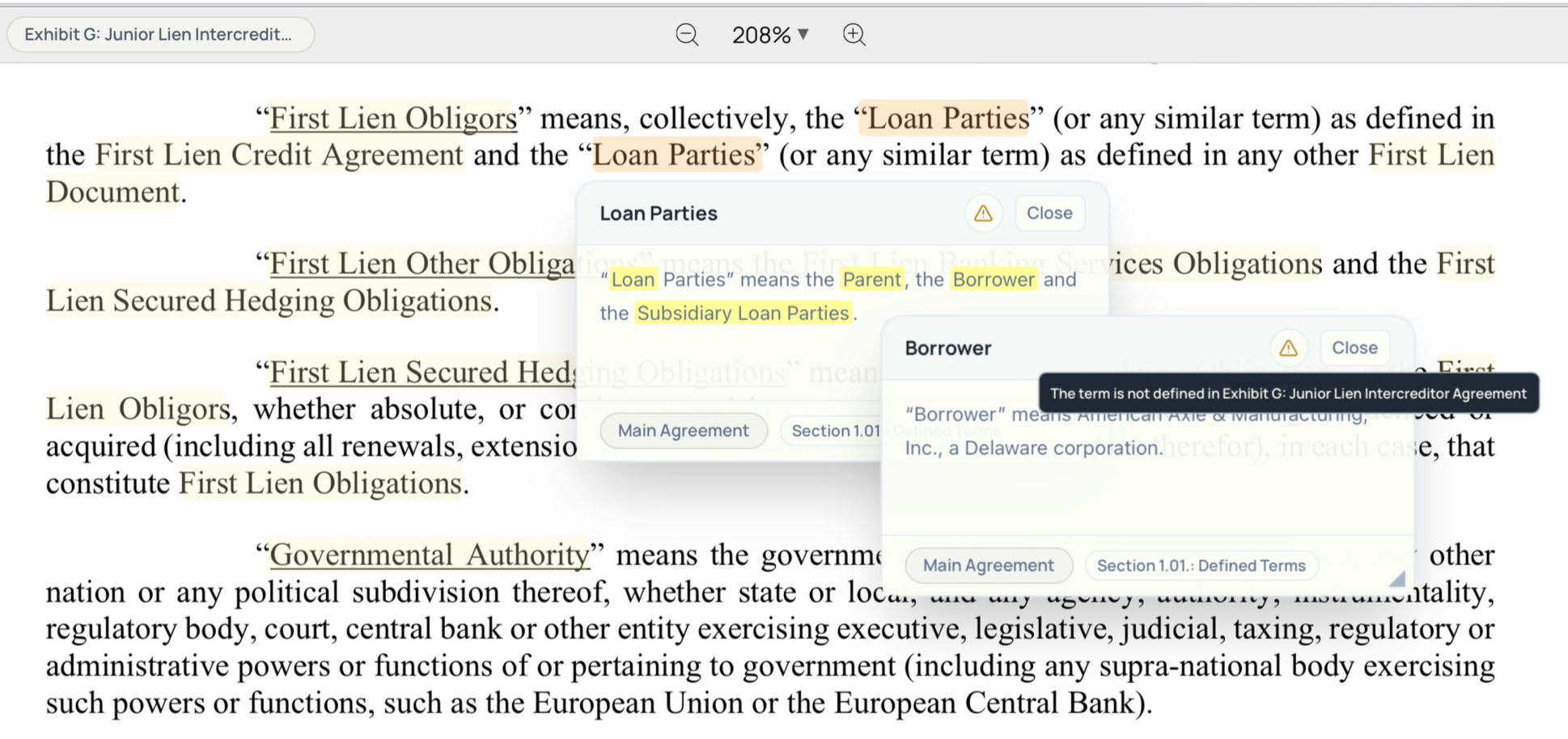Highlighted legal document discussing 'First Lien Obligors', 'Loan Parties', 'Parent', 'Borrower', 'Subsidiary Loan Parties', and 'Governmental Authority' with tooltips explaining specific terms.