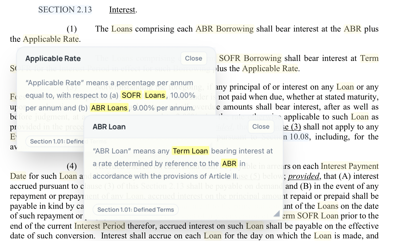 Highlighted text from a contract with pop-ups explaining terms such as "Applicable Rate," "SOFR Loans," "ABR Loans," "Term Loan," and "ABR".