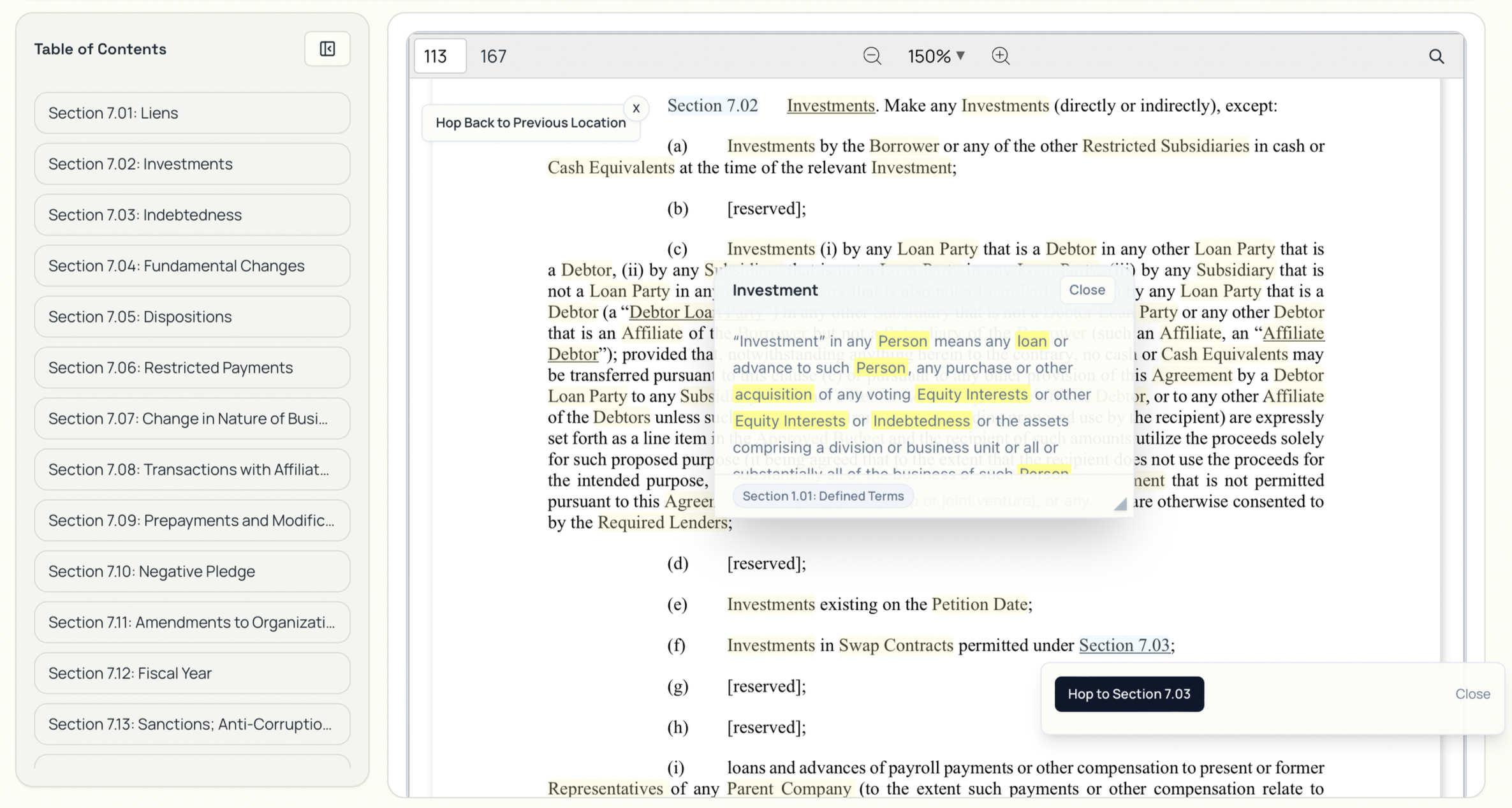 Screenshot of a contract, with a pop-up window showing definitions such as 'Person,' 'loan,' 'acquisition,' 'Equity Interests,' and 'Indebtedness.' The document has section titles on the left and navigation options for jumping to different sections.