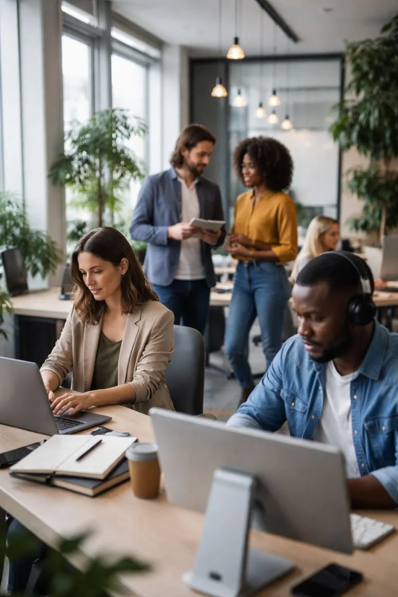 Office workers working at their desks with two colleagues talking in the background, large windows, and green plants.