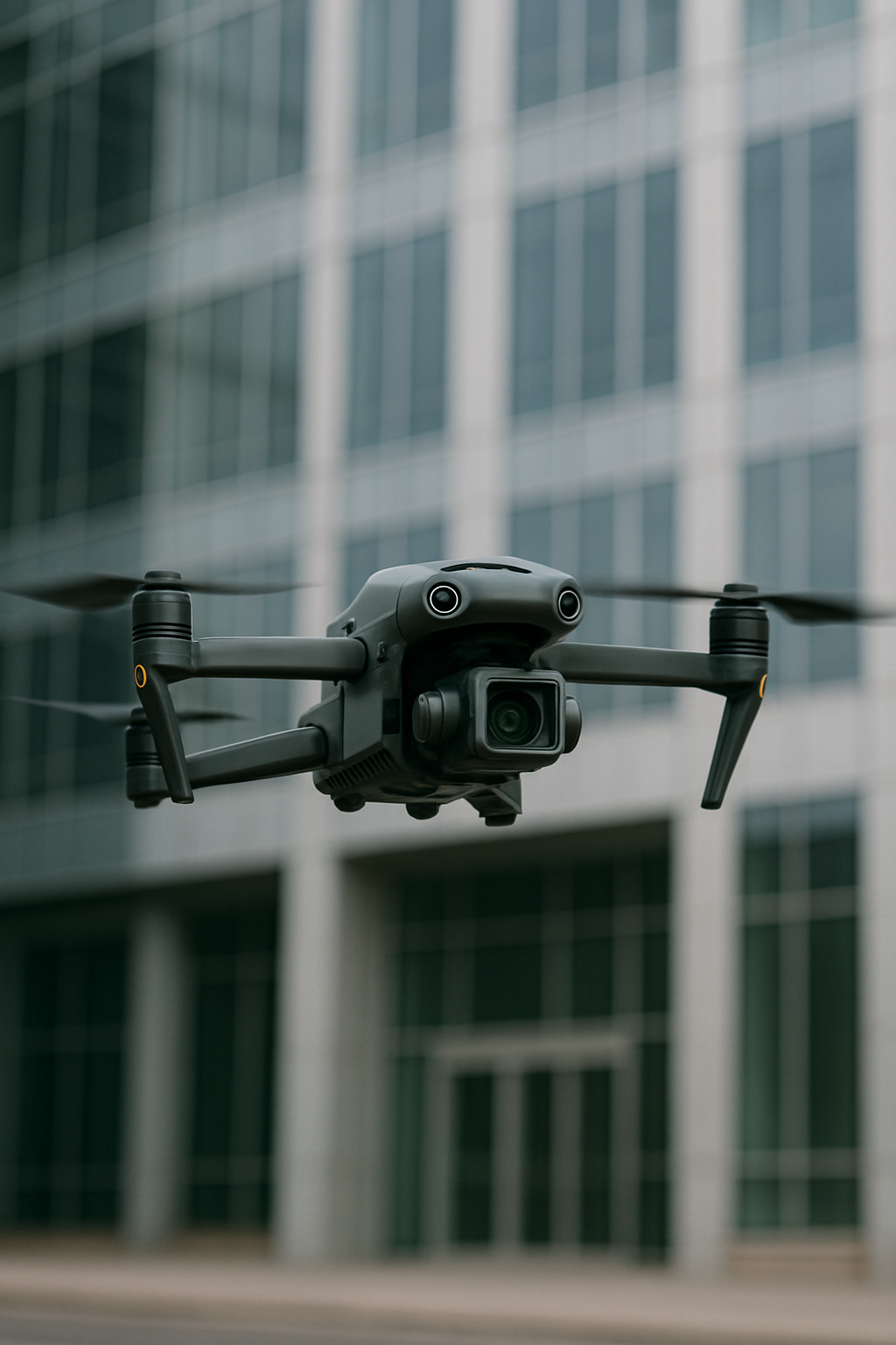 A black drone flying in front of a modern office building with glass windows.