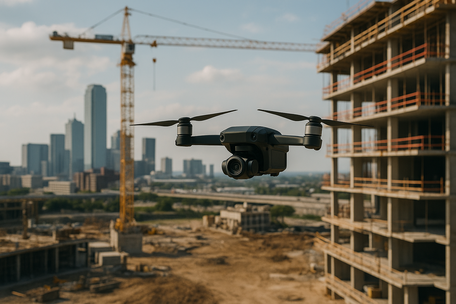 A drone flying over a construction site in an urban area with buildings and a crane in the background.