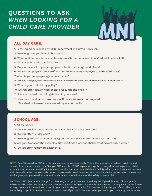 Checklist titled "Questions to Ask When Looking for a Child Care Provider" with sections on all-day care and school age care, including questions about licensing, qualifications, policies, and transportation.