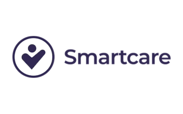 Smartcare logo with a purple and white icon resembling a check mark or person inside a circle, and the word "Smartcare" in purple and black text.