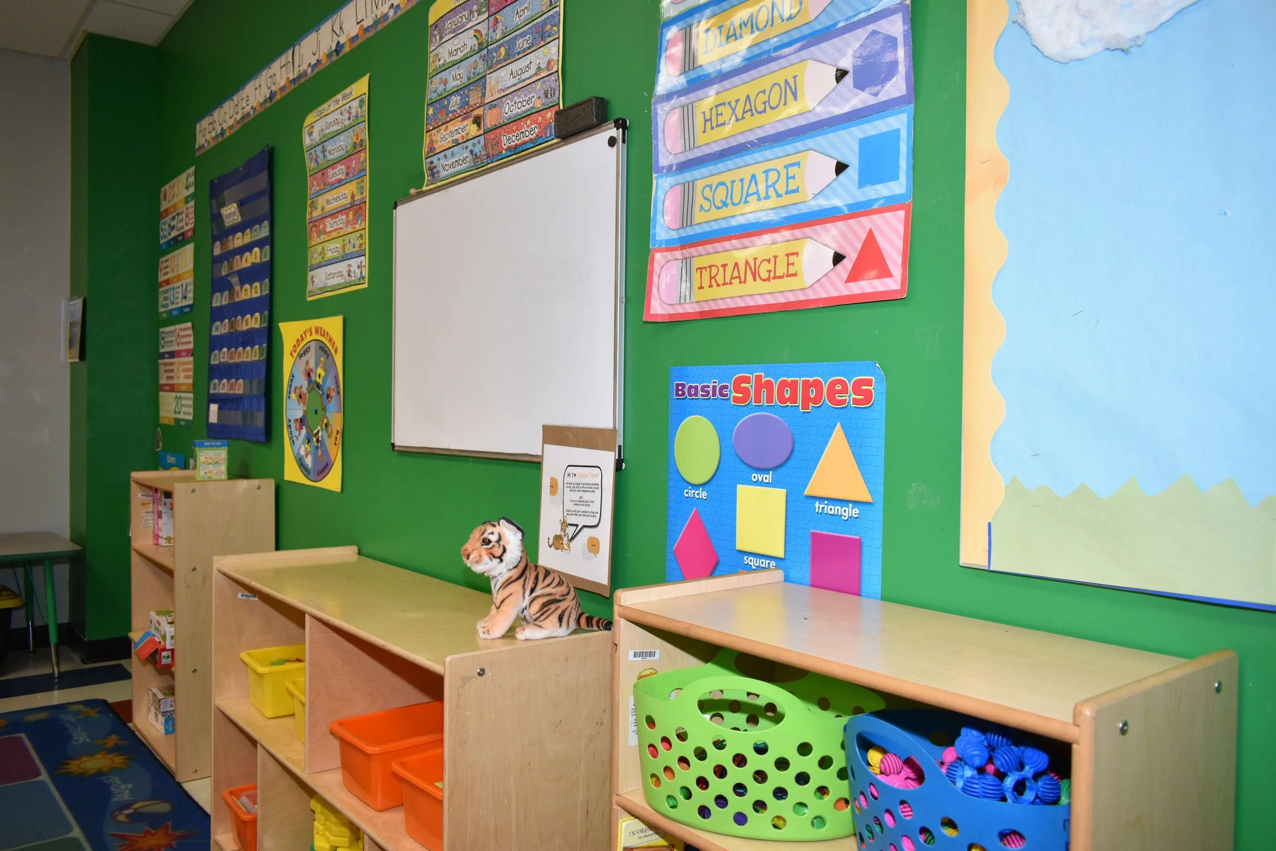 Colorful classroom with educational posters on a green wall, including shapes, months, days, and weather charts. There are wooden shelves with colorful bins, a plush tiger toy, and a whiteboard mounted on the wall.