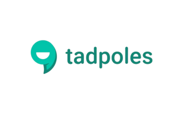 Tadpoles logo featuring a stylized tadpole icon and the word 'tadpoles' in teal