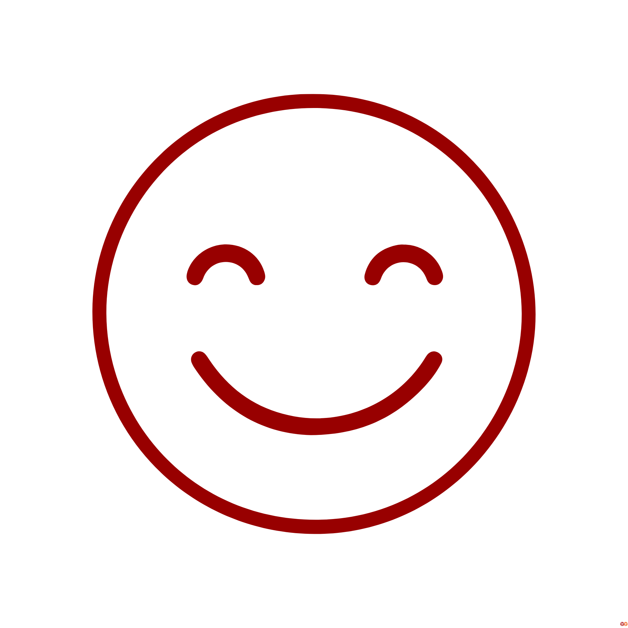 Smiley face with closed eyes and a big smile, outlined in red on a black background.