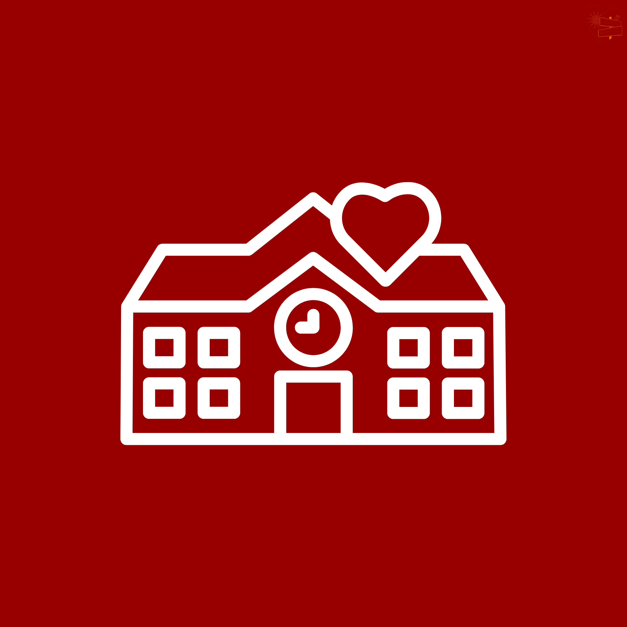 Line drawing of a school building with a clock, a heart on top, on a red background.