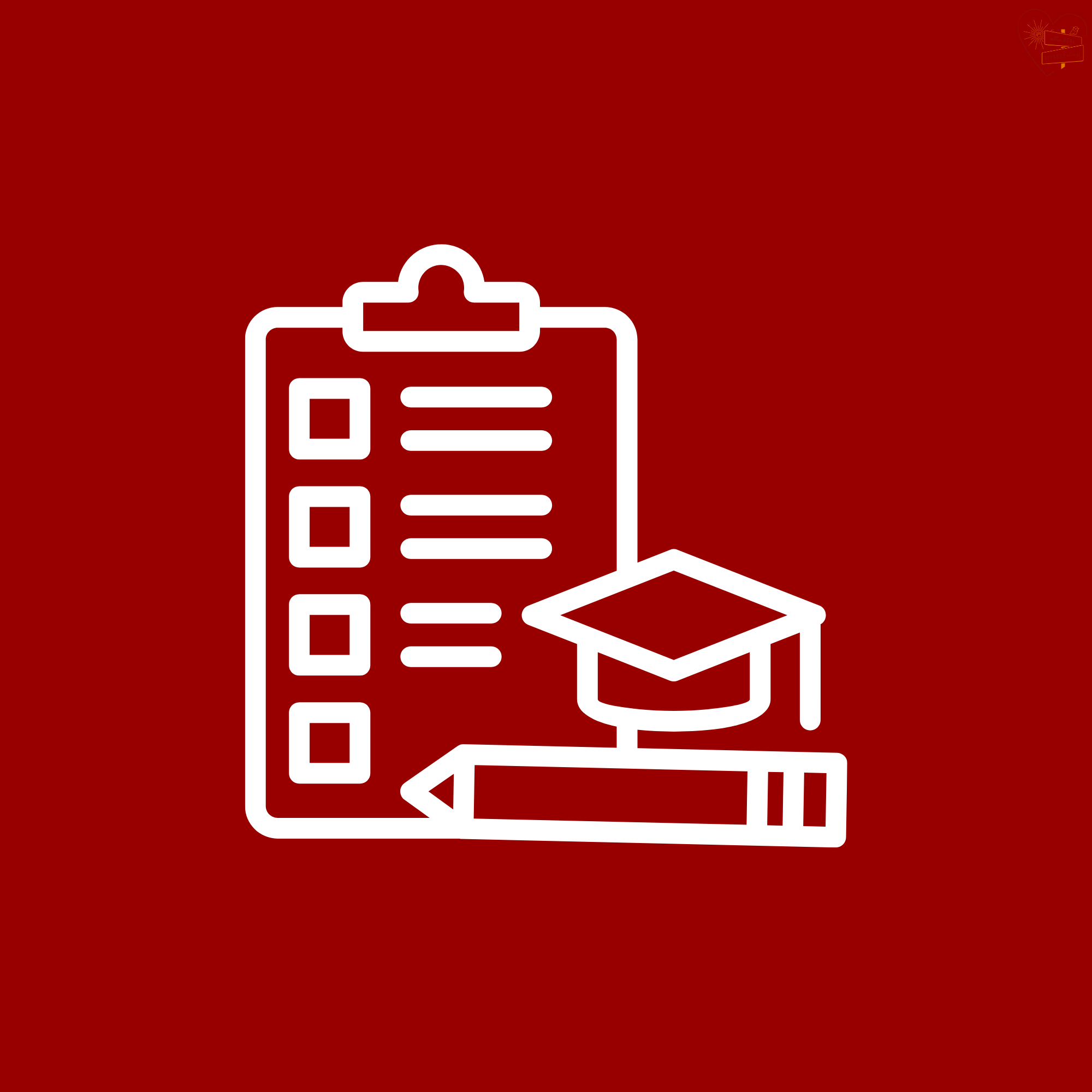 Line drawing of a clipboard with a checklist, a graduation cap, and a pencil on a red background.