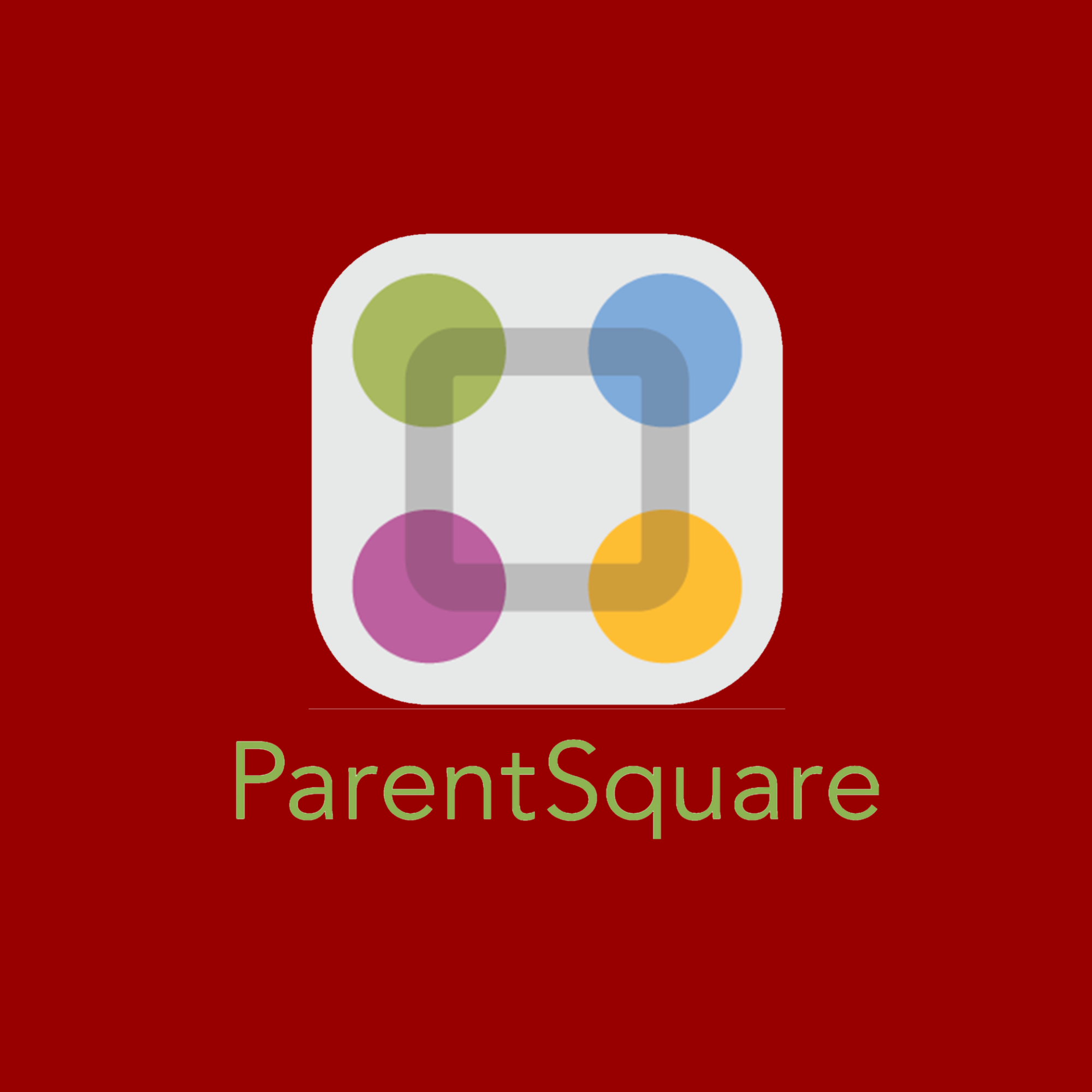 Logo for ParentSquare with a multicolored square icon and the text 'ParentSquare' in green on a red background.