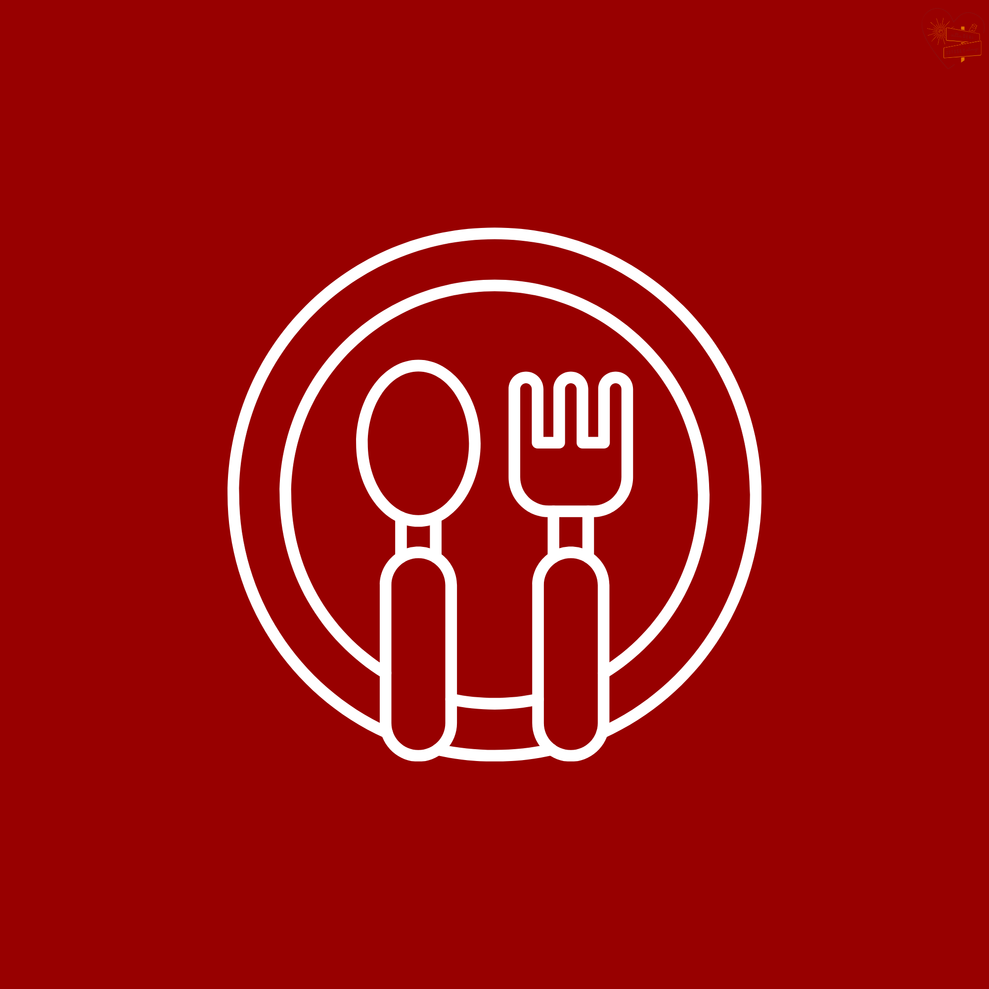 White outline of a spoon and a fork on a red background, centered on a plate.