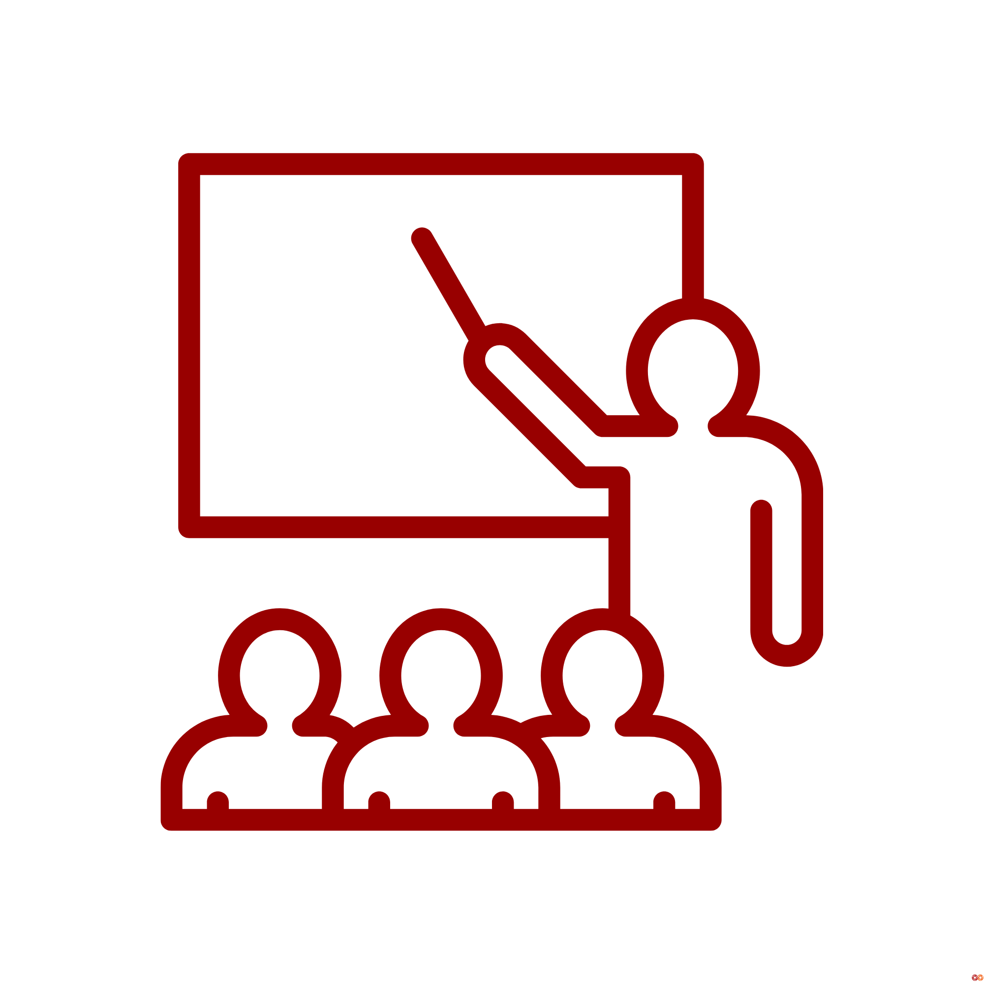 Outline of a person giving a presentation to three people in front of a blackboard.