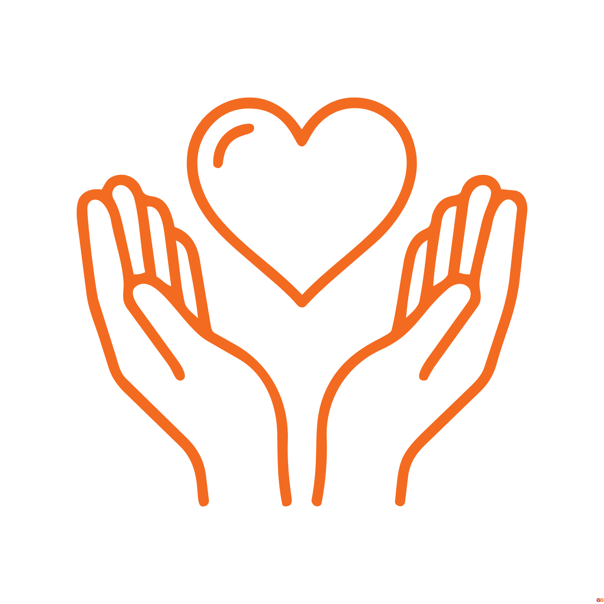 Outline illustration of two hands cupping a heart against a black background.