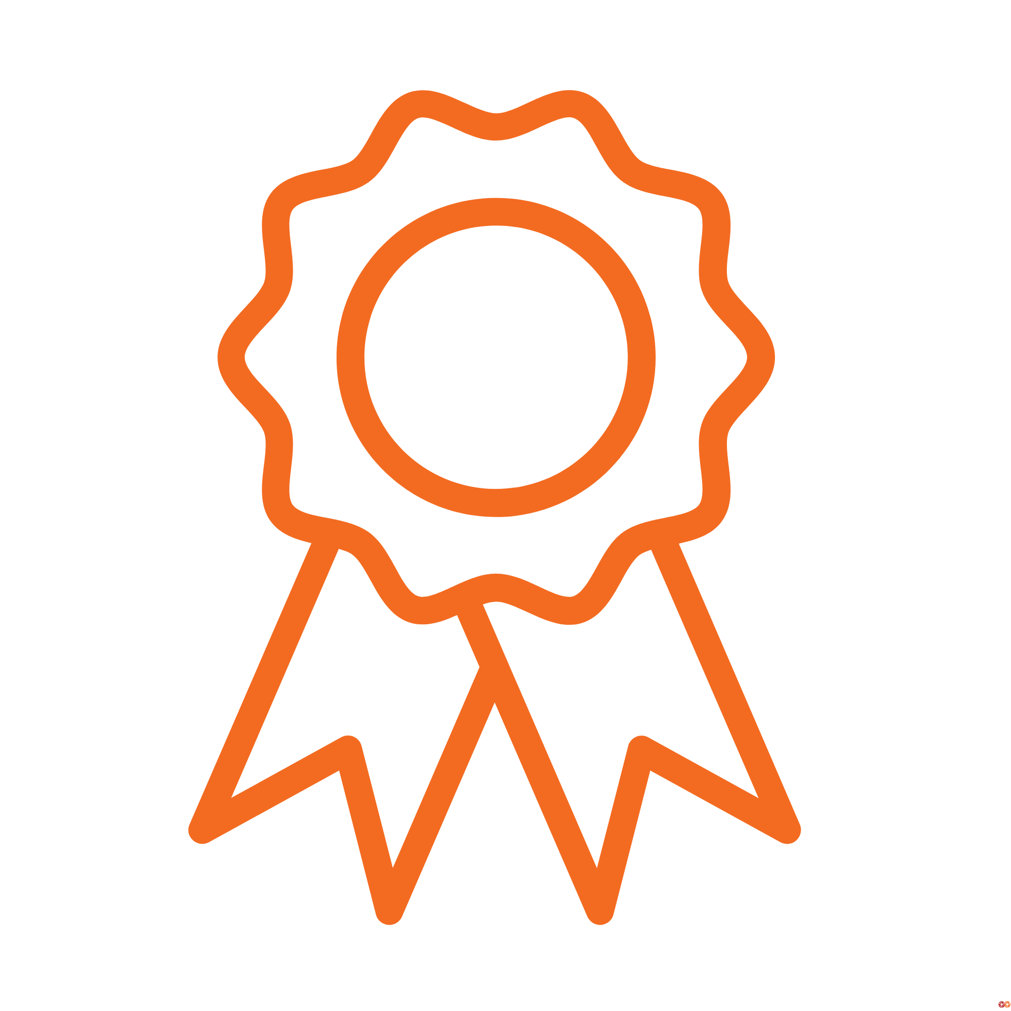 Orange outline of an award ribbon with a circular center, two hanging ribbons, and a black background.