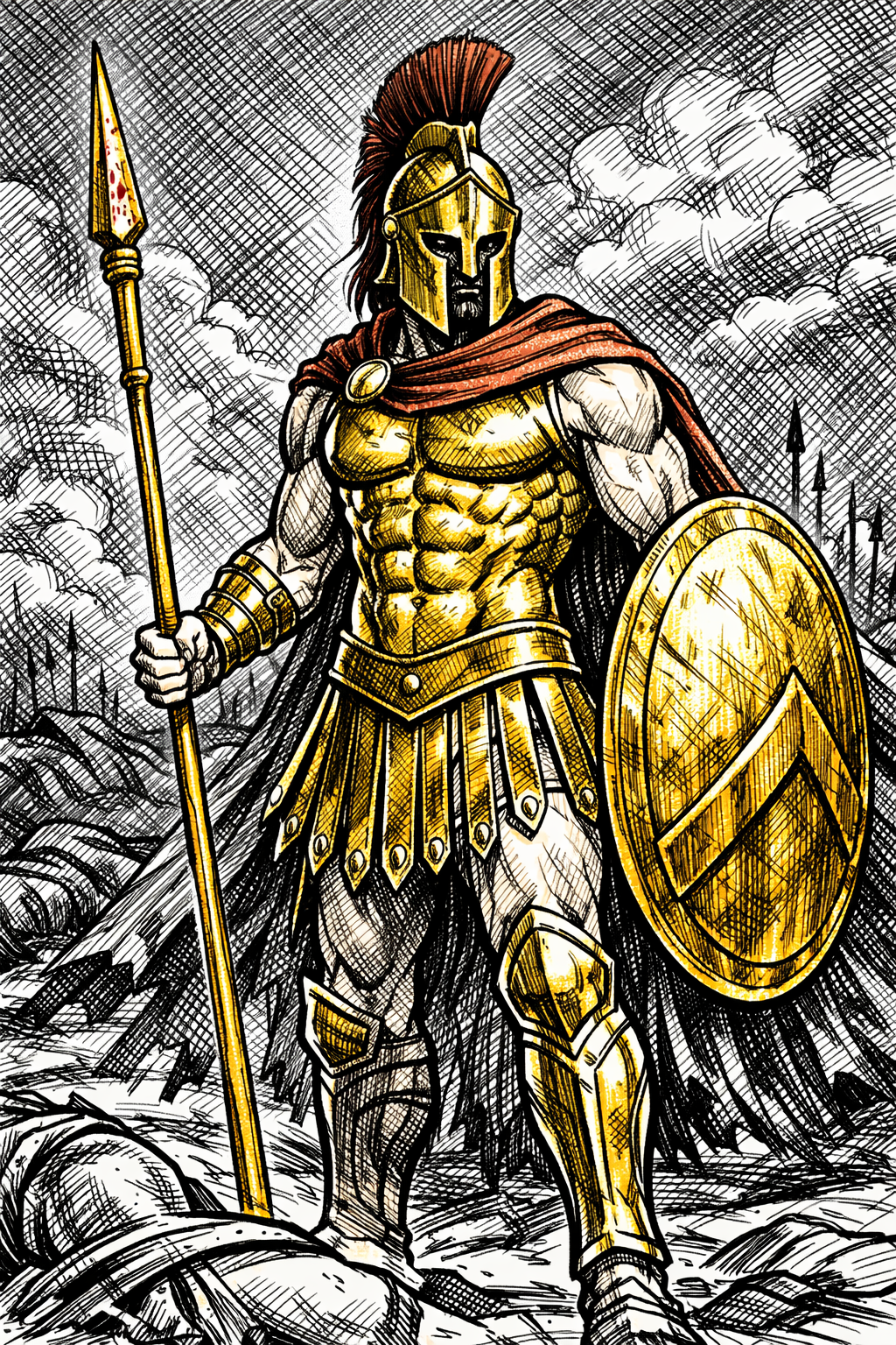 A muscular warrior wearing a golden helmet and armor, holding a spear and shield, standing in a battle scene with smoke and arrows in the background.
