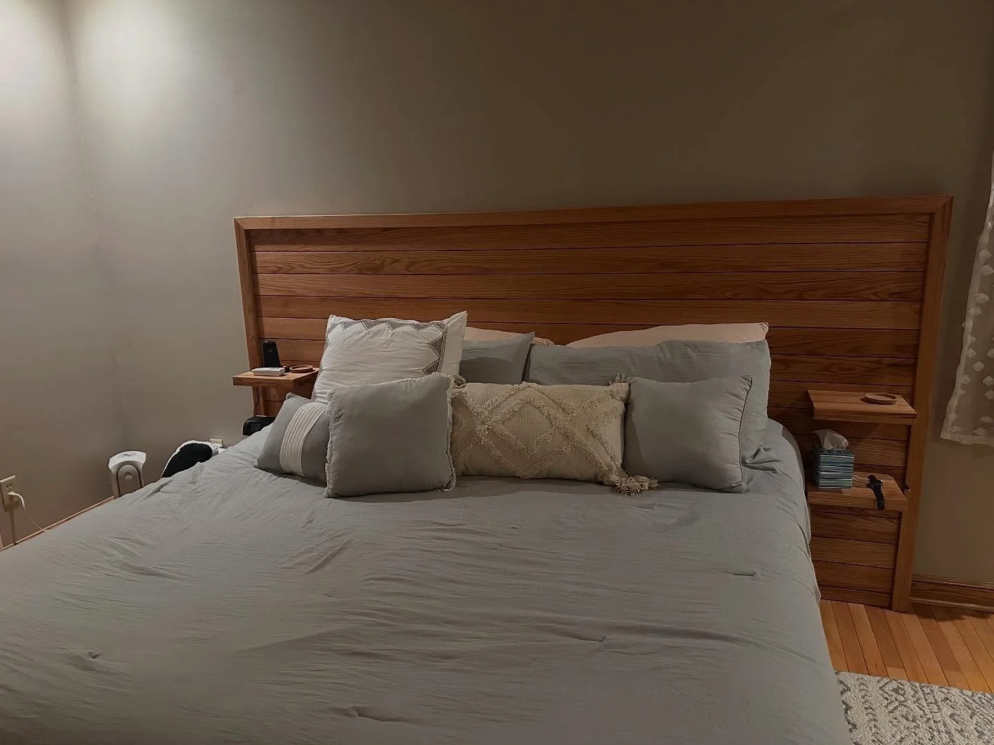 We had so much fun designing and building this King size Oak headboard. In the words of our client &ldquo;It looks awesome!! Thank you so much for bringing my vision to life!&rdquo;