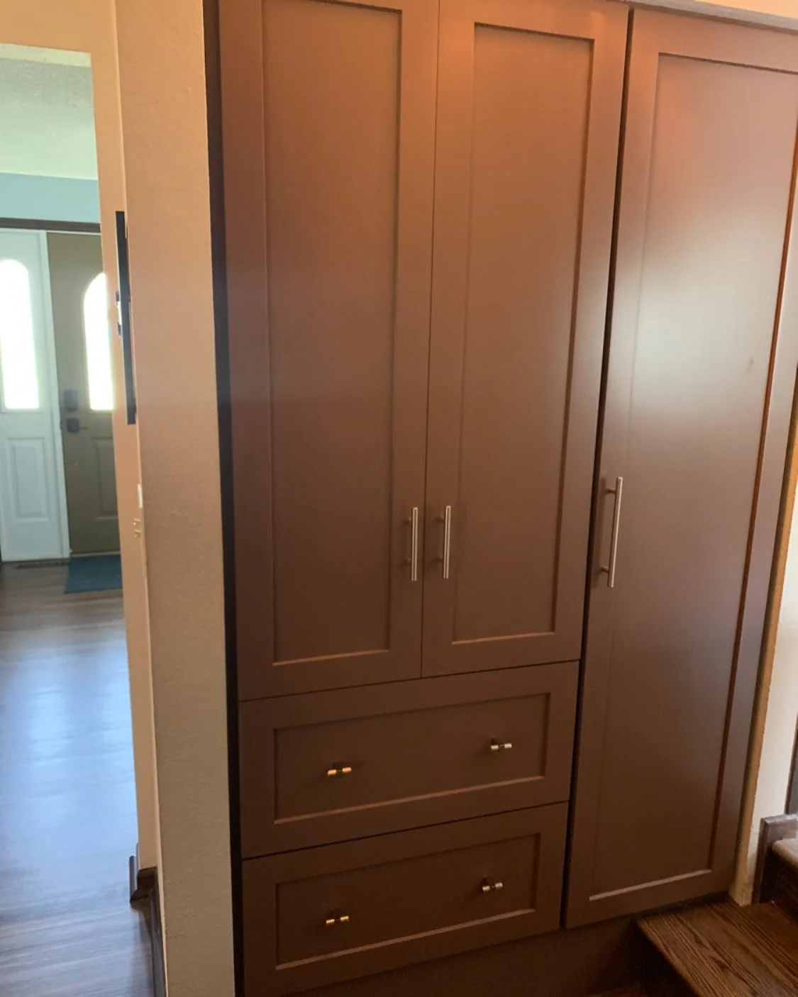 Install day! Another hall closet turned into beautiful built-in cabinets for nice organized storage.