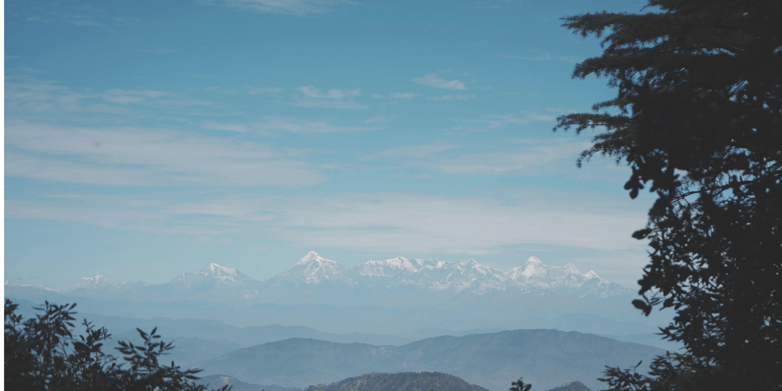 Snow-capped mountains in the distance with layered blue and gray mountain ranges in the foreground, partly cloudy sky, dark leafy trees framing the scene on the right and bottom left.