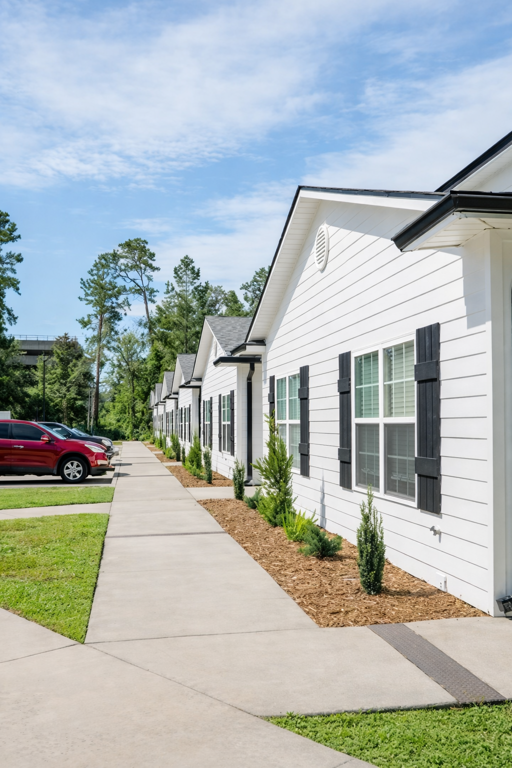 Suburban townhomes with red SUV.png