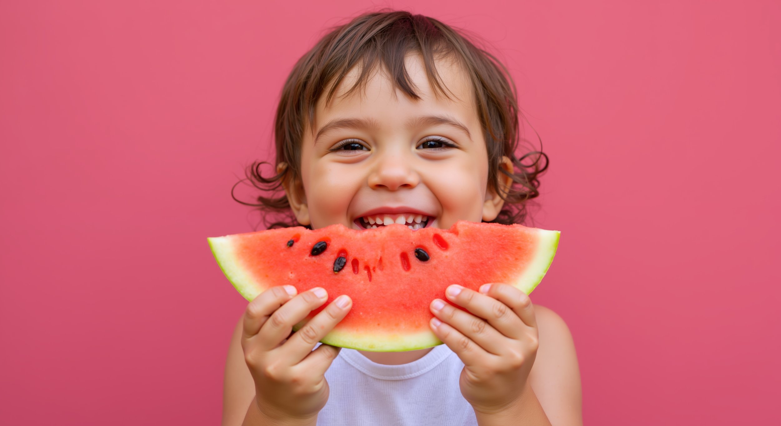 Young child holding a watermelon slice working on trying new foods during feeding therapy at Speech in the Valley in Las Vegas, NV