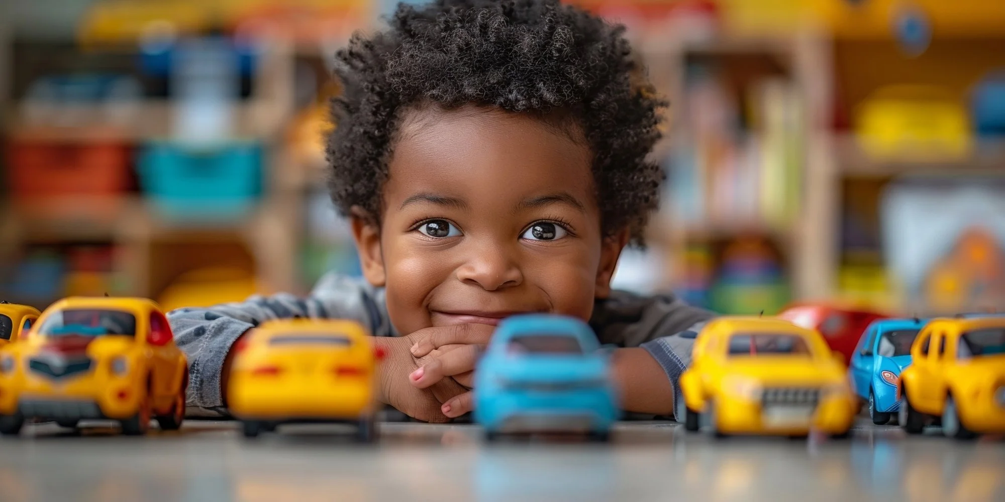 child smiling behind a row of blue and yellow cards during speech therapy with pediatric speech therapist in Las Vegas, NV