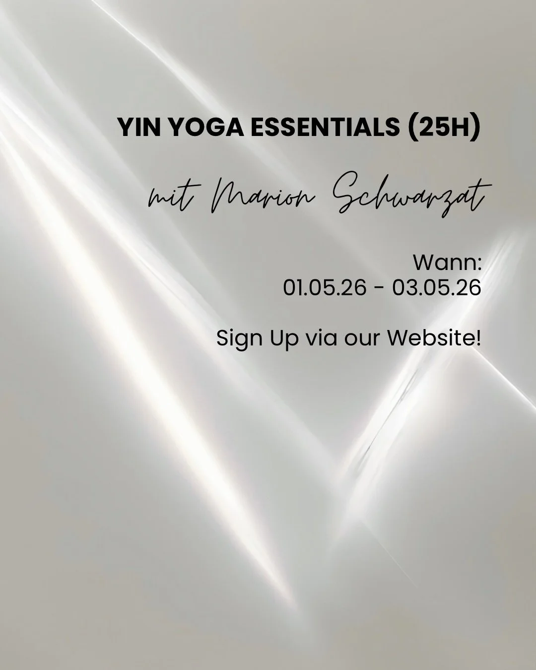Yin Yoga Essentials (25h) 🌙
mit @marionschwarzatyoga 

In die Stille sinken. Energie sp&uuml;ren. Achtsamkeit verk&ouml;rpern.

Yin Yoga ist die Einladung, nach innen zu lauschen. In einer Welt voller Aktivit&auml;t und &auml;u&szlig;erer Reize er&o