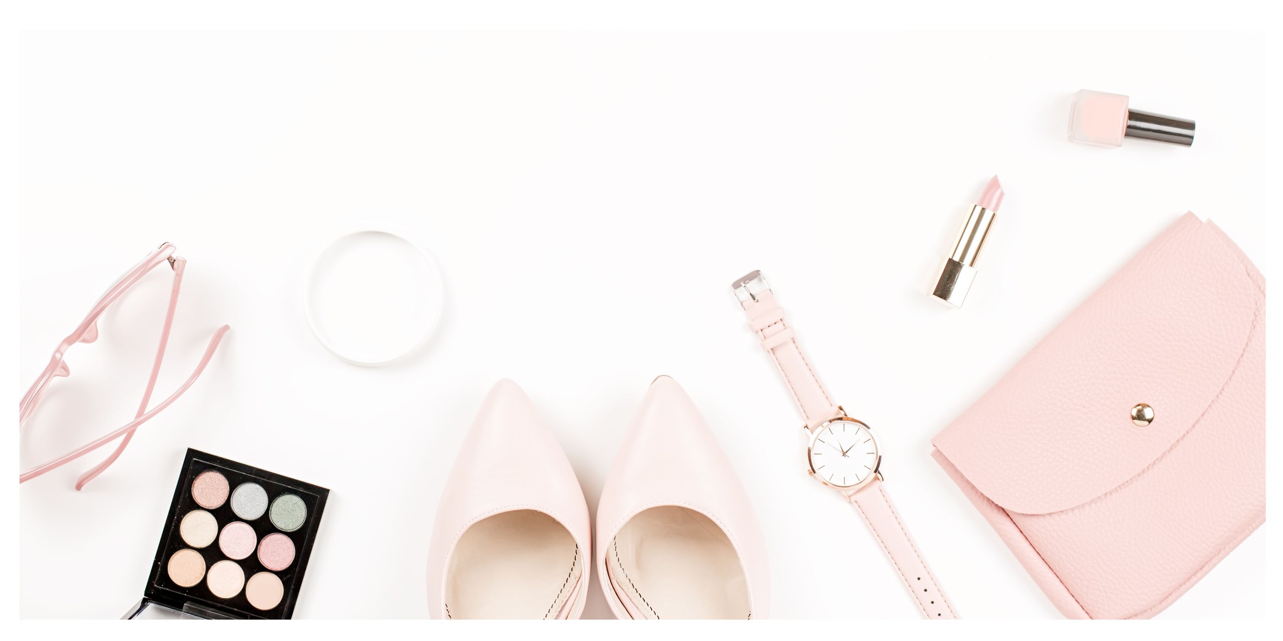 Pink shoes, makeup palette, watch, pink handbag, lipstick, nail polish, earrings, bracelet on a white background.