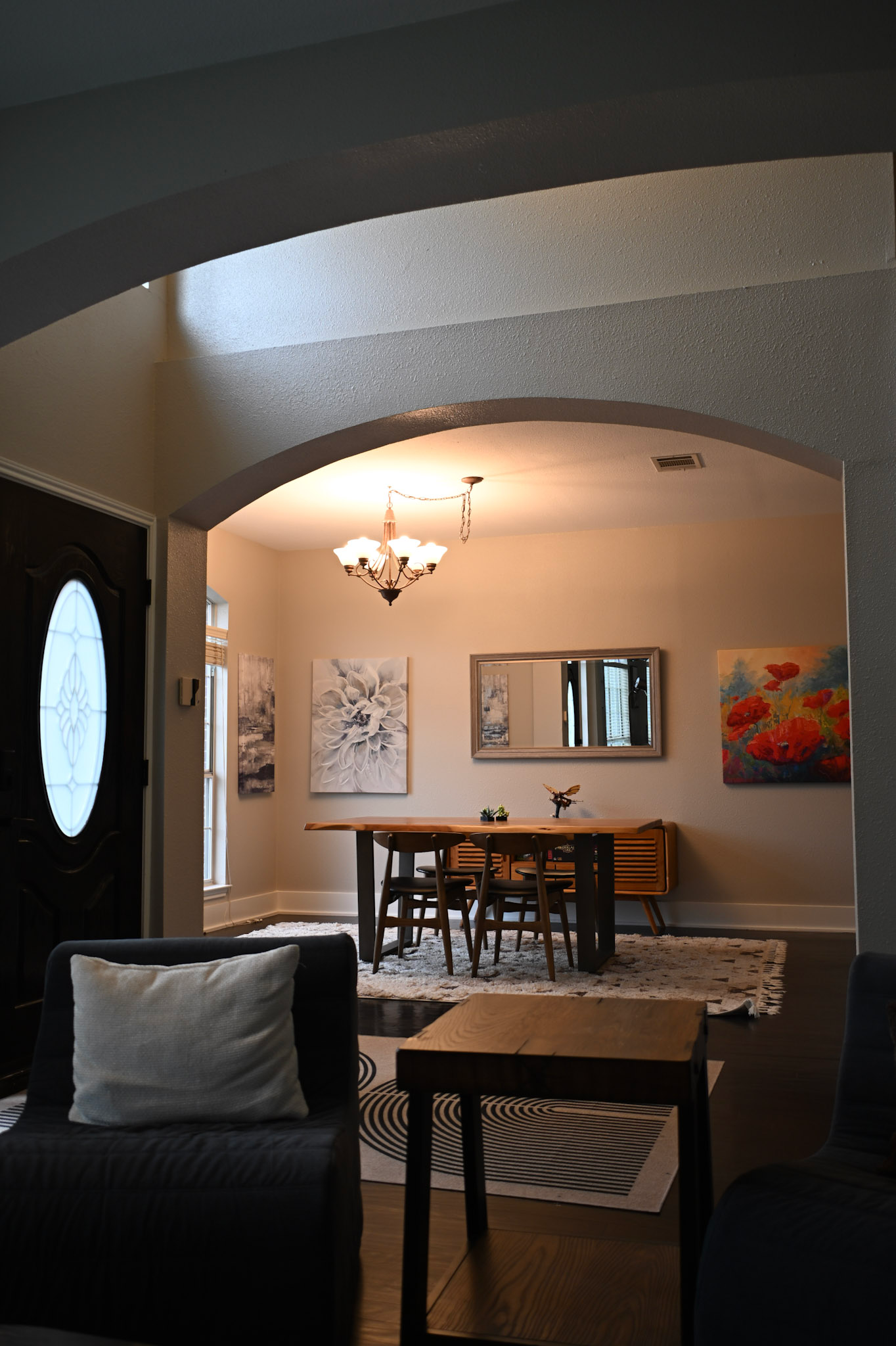 View of entryway and dining room at Fireside Sober Living in Austin, Texas.