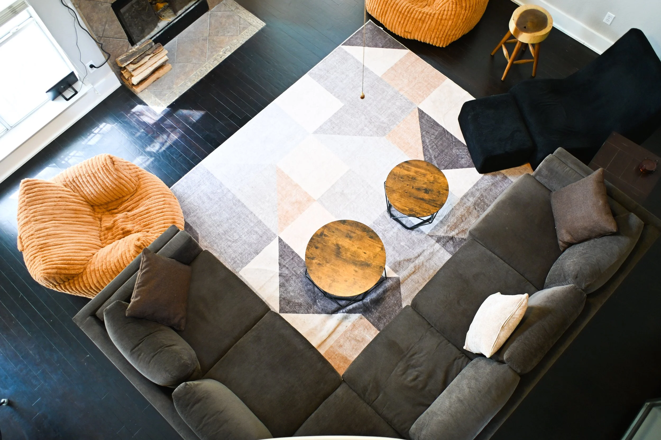 Overhead view of our modern living room at Fireside Sober Living.