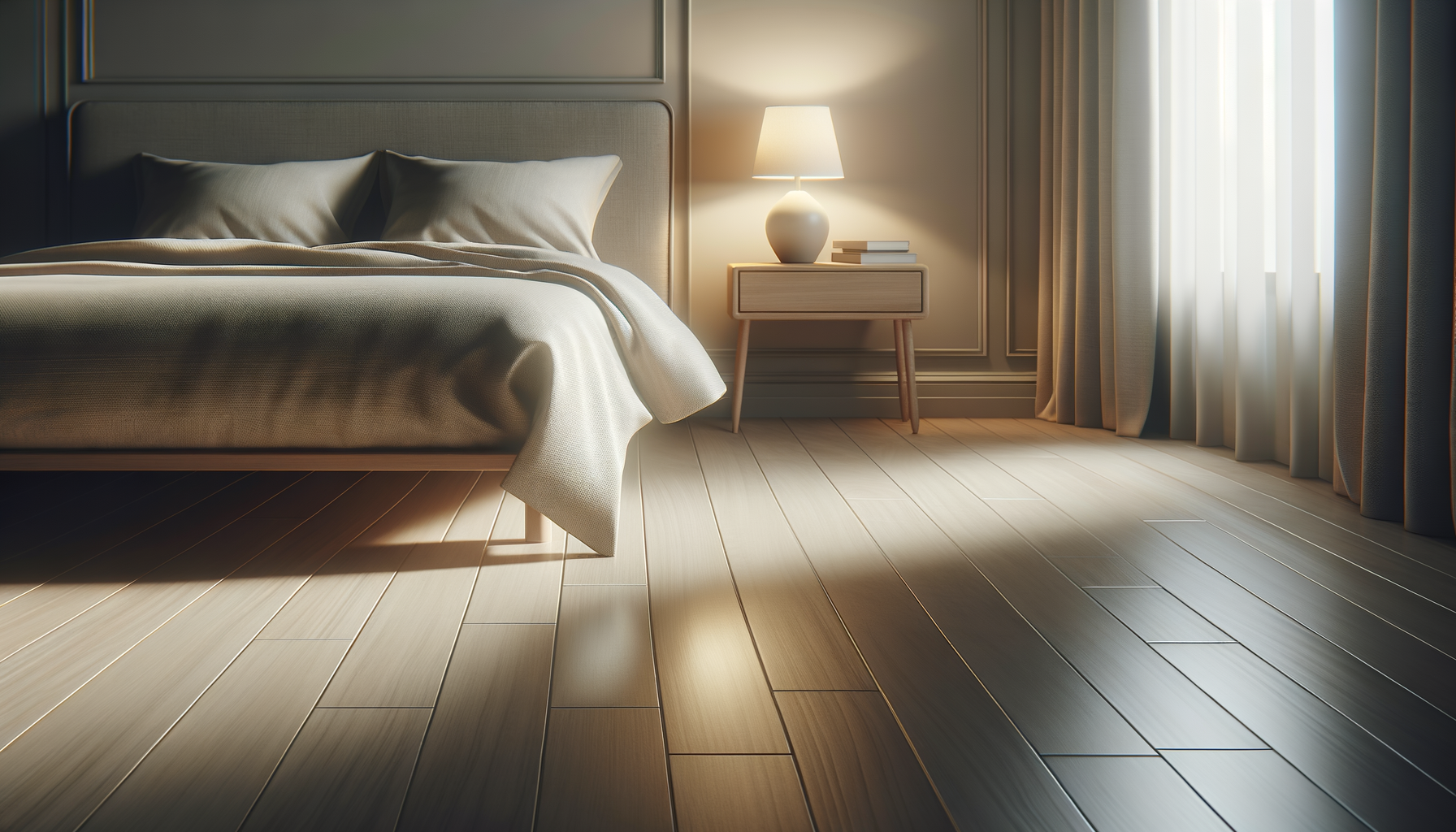 A bedroom with sunlight streaming through curtains, a neatly made bed with pillows and blanket, a bedside table with a lamp and books, and wooden flooring.