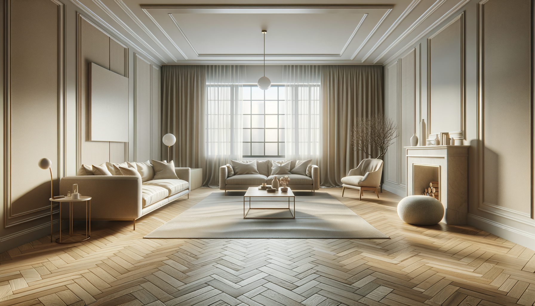 Bright, elegant living room with beige sofas, a centerpiece coffee table, large window with sheer curtains, wooden herringbone floor, minimalist decor, and a fireplace.